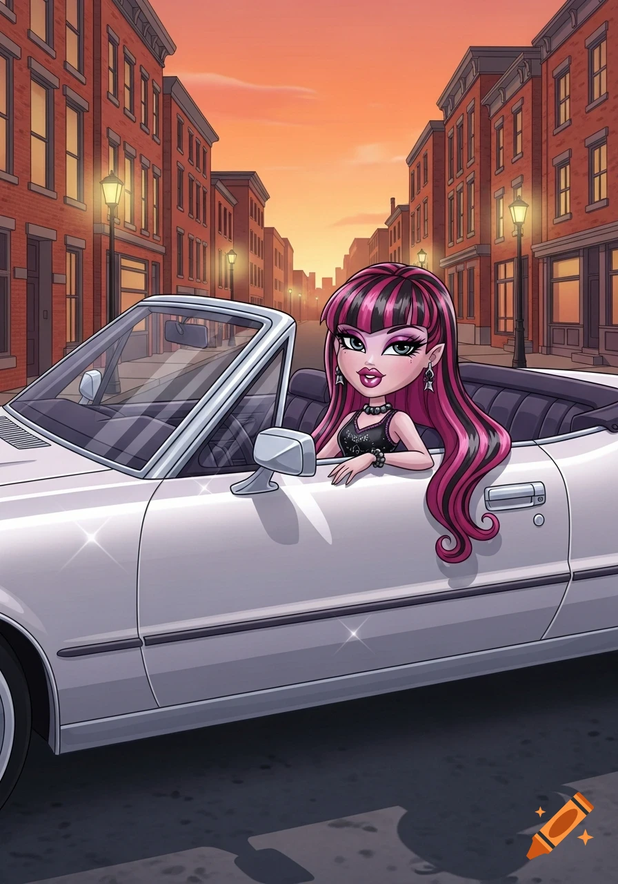Cartoon Draculaura in a white convertible car on a city street at sunset.