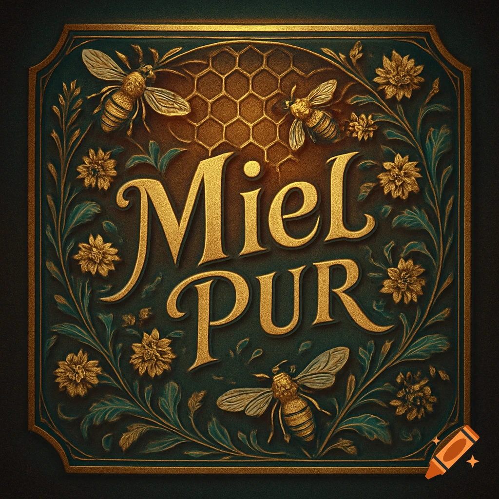 Vintage-style gold and teal honey label with "Miel PUR" text, ornate floral designs, and three bees surrounding a honeycomb.