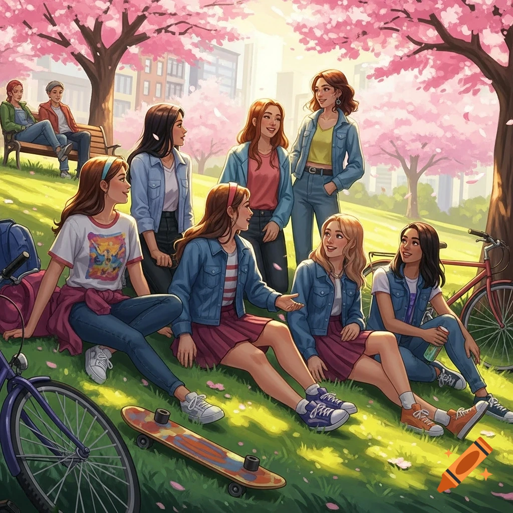 A group of teen girls gather in a sunny park with vibrant pink cherry blossom trees. Some are sitting on the grass near bikes and a skateboard, while others stand and chat. Buildings are visible in the background.