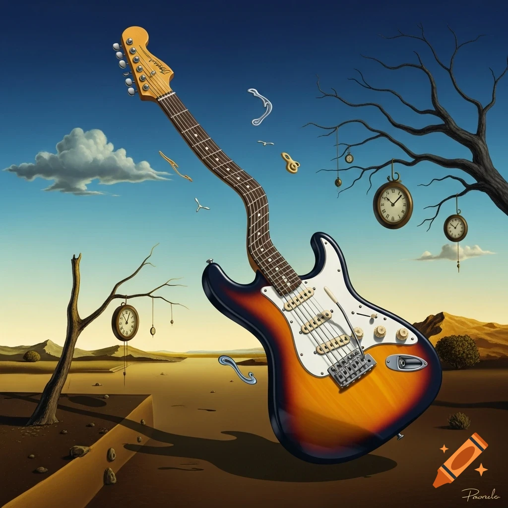 A surreal melting electric guitar floats above a desert landscape with melting clocks hanging from bare trees under a blue sky.