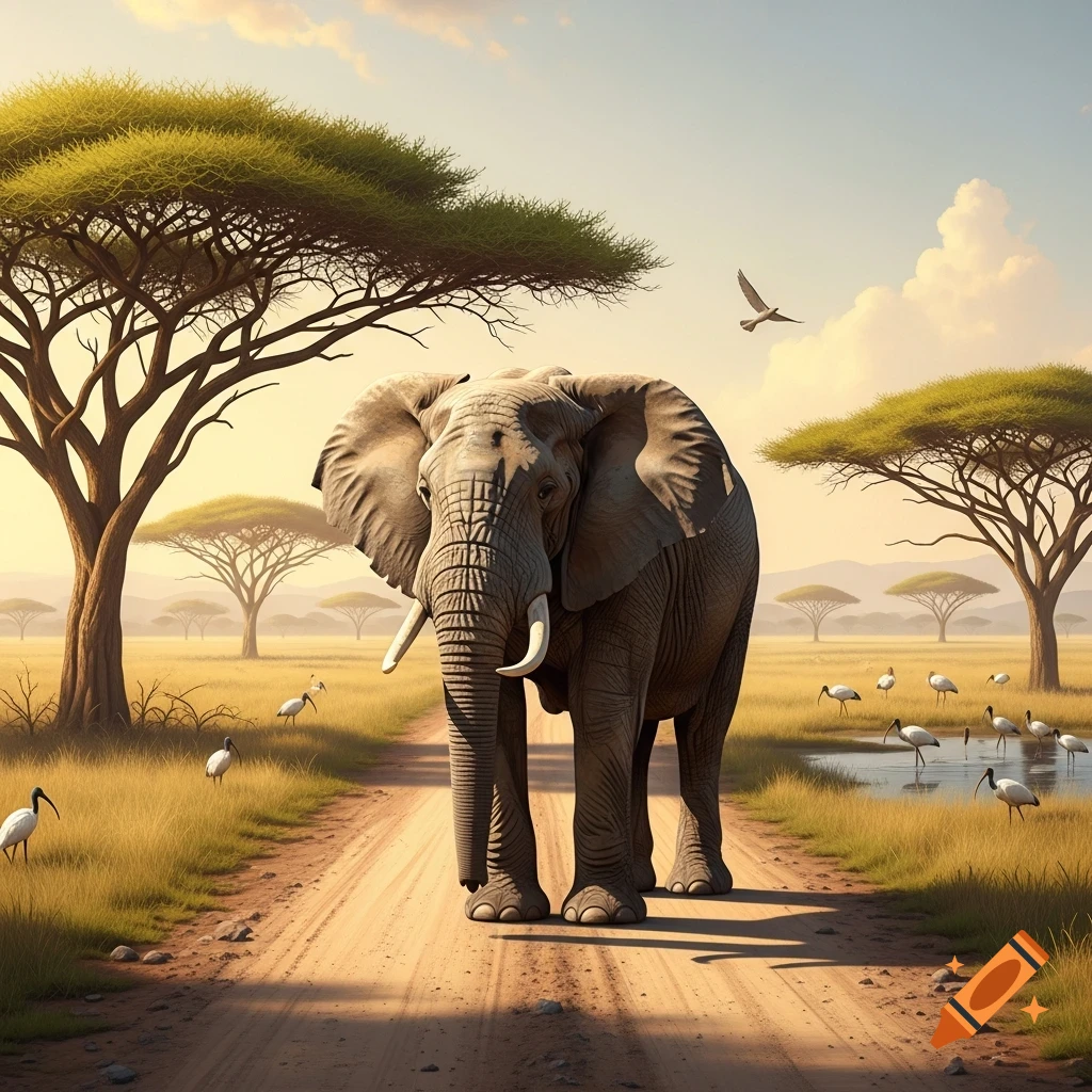 A large African elephant walks on a dirt road in a sunny savanna landscape with acacia trees and various birds around a small pond.