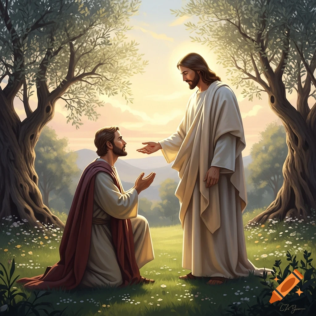 Jesus, bathed in light, extends his hand to a kneeling man in a serene garden with olive trees, digital painting style.