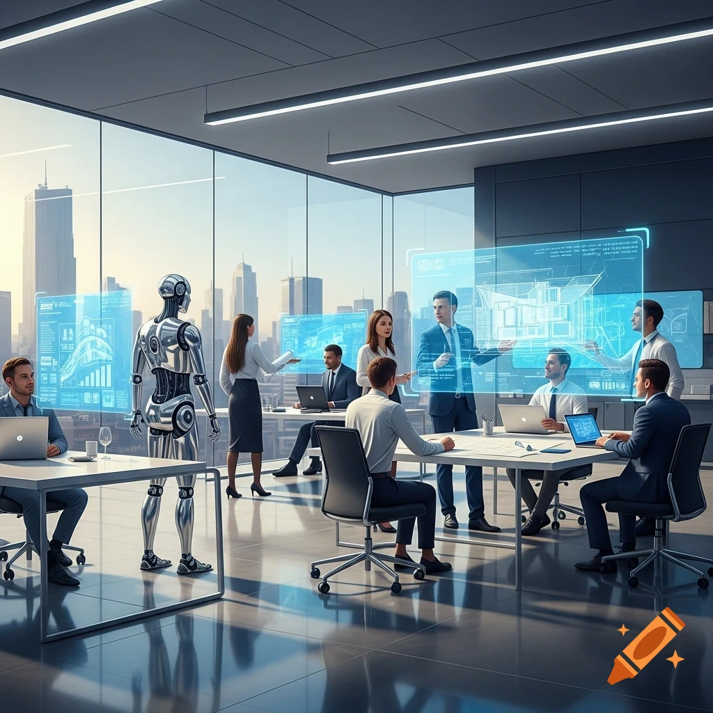 A futuristic business meeting with a chrome robot and humans discussing data on holographic screens in a modern office.