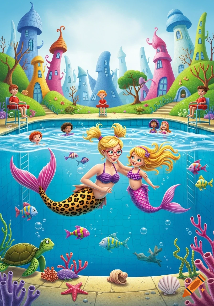 Vibrant Dr. Seuss-style illustration of two blonde mermaids, adult and child, swimming in a whimsical pool with kids and sea creatures.