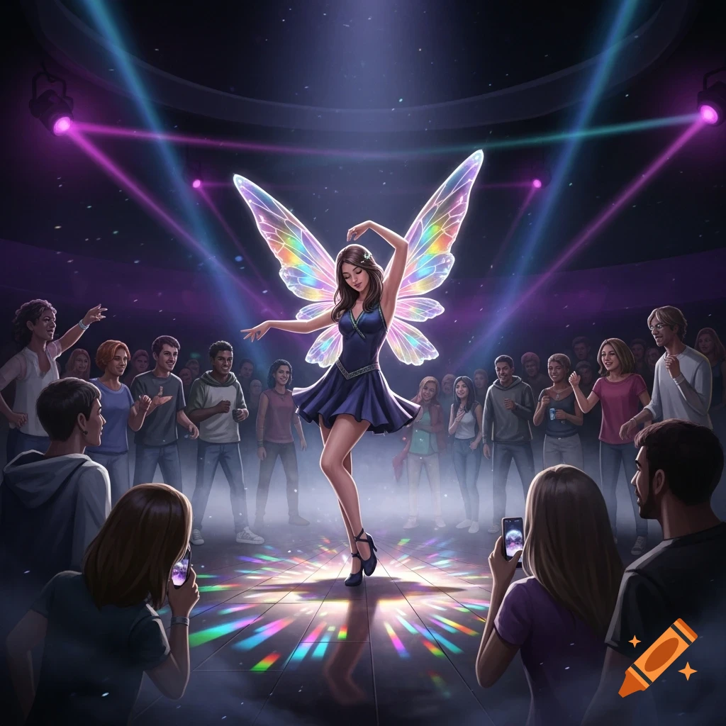 A magical fairy with iridescent wings dances gracefully on a disco floor, illuminated by colorful spotlights, as a crowd of people watches in awe.