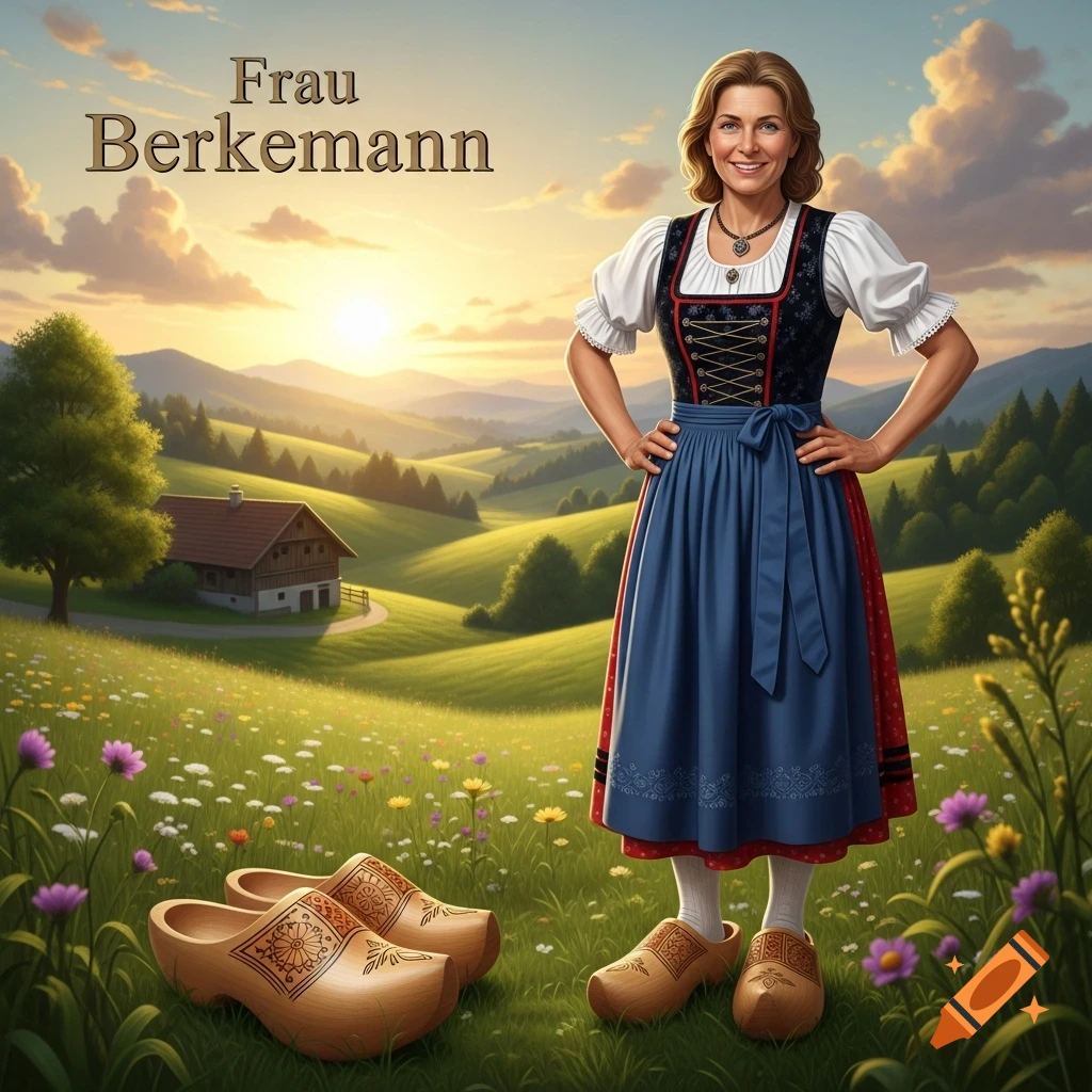 Smiling woman in a blue and black dirndl stands in a flower-filled meadow with wooden clogs, a farmhouse, and mountains at sunset.
