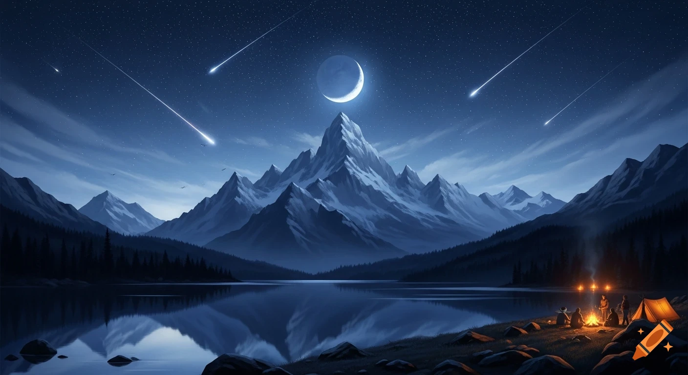 Photorealistic night landscape with snow-capped mountains, a lake reflecting a crescent moon, shooting stars, and a campsite with a fire.