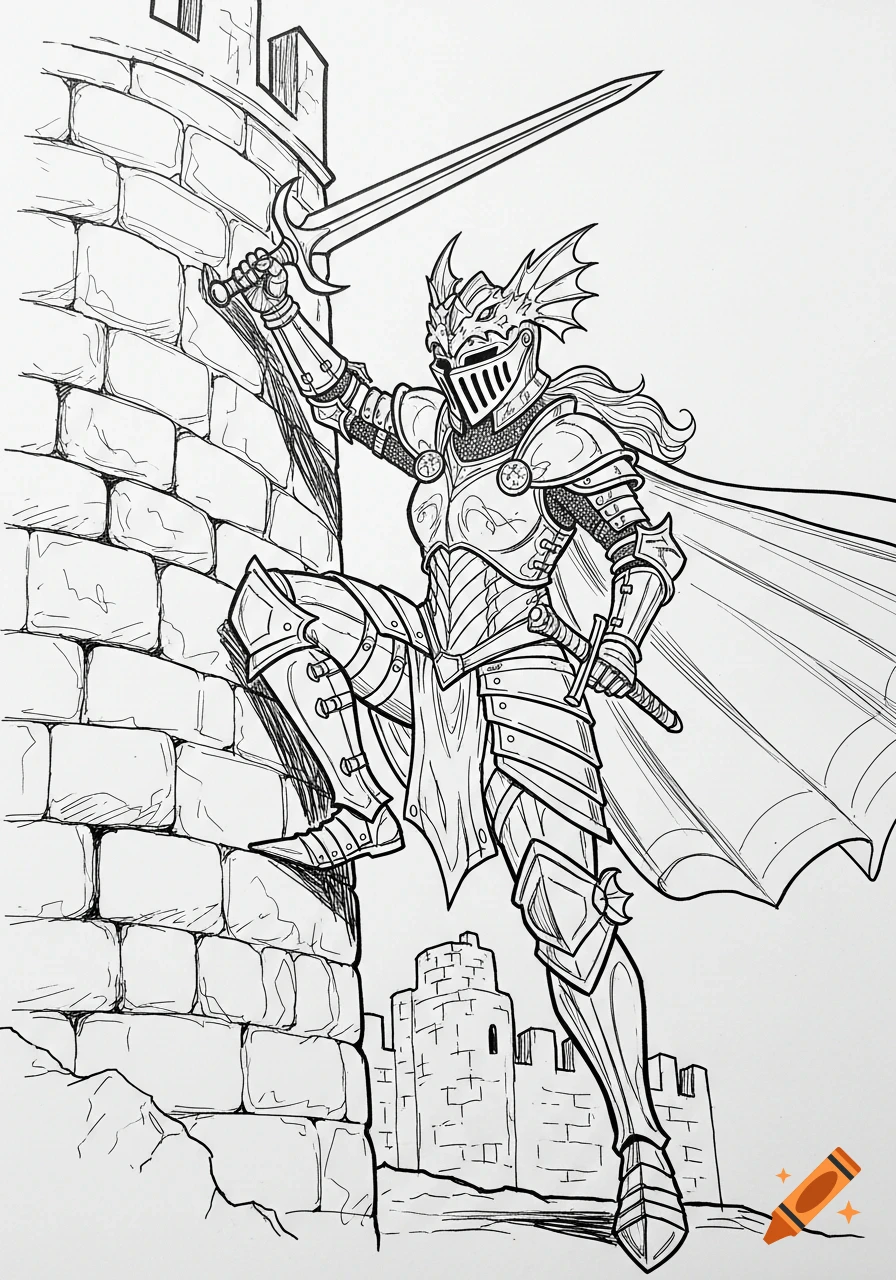 Line art sketch of a female knight with a dragon helmet climbing a castle wall, holding a sword.