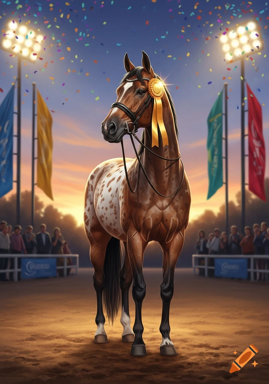 Brown spotted horse with a golden winner's ribbon stands at an outdoor award ceremony with confetti, spectators, and stadium lights.
