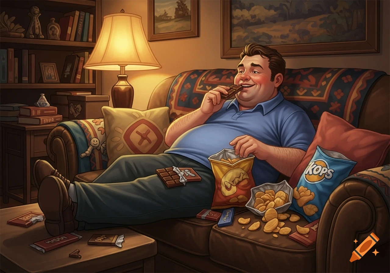 A smiling, overweight cartoon man in a blue polo shirt relaxes on a brown couch, eating chocolate and chips from bags, surrounded by snacks in a cozy living room.