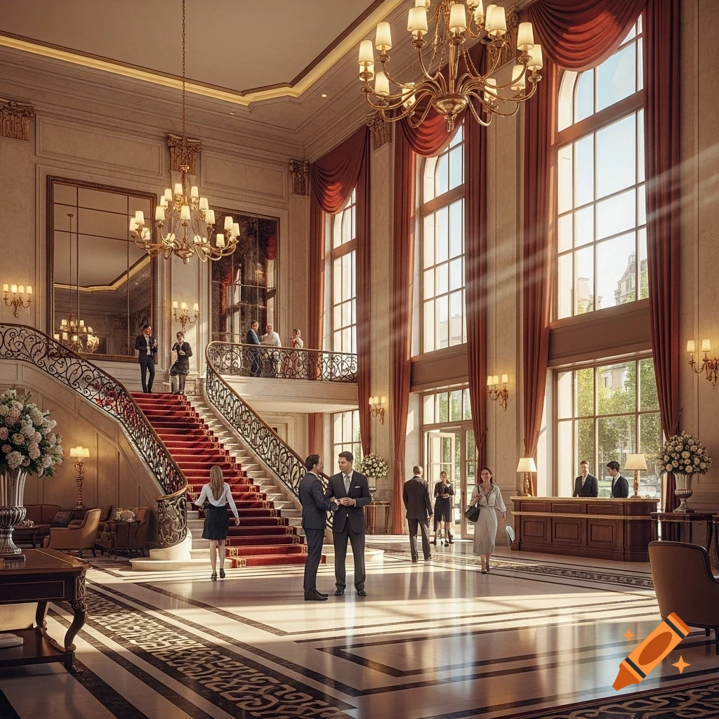A grand, luxurious hotel lobby with a wide red-carpeted staircase, tall windows with red drapes, and large chandeliers.