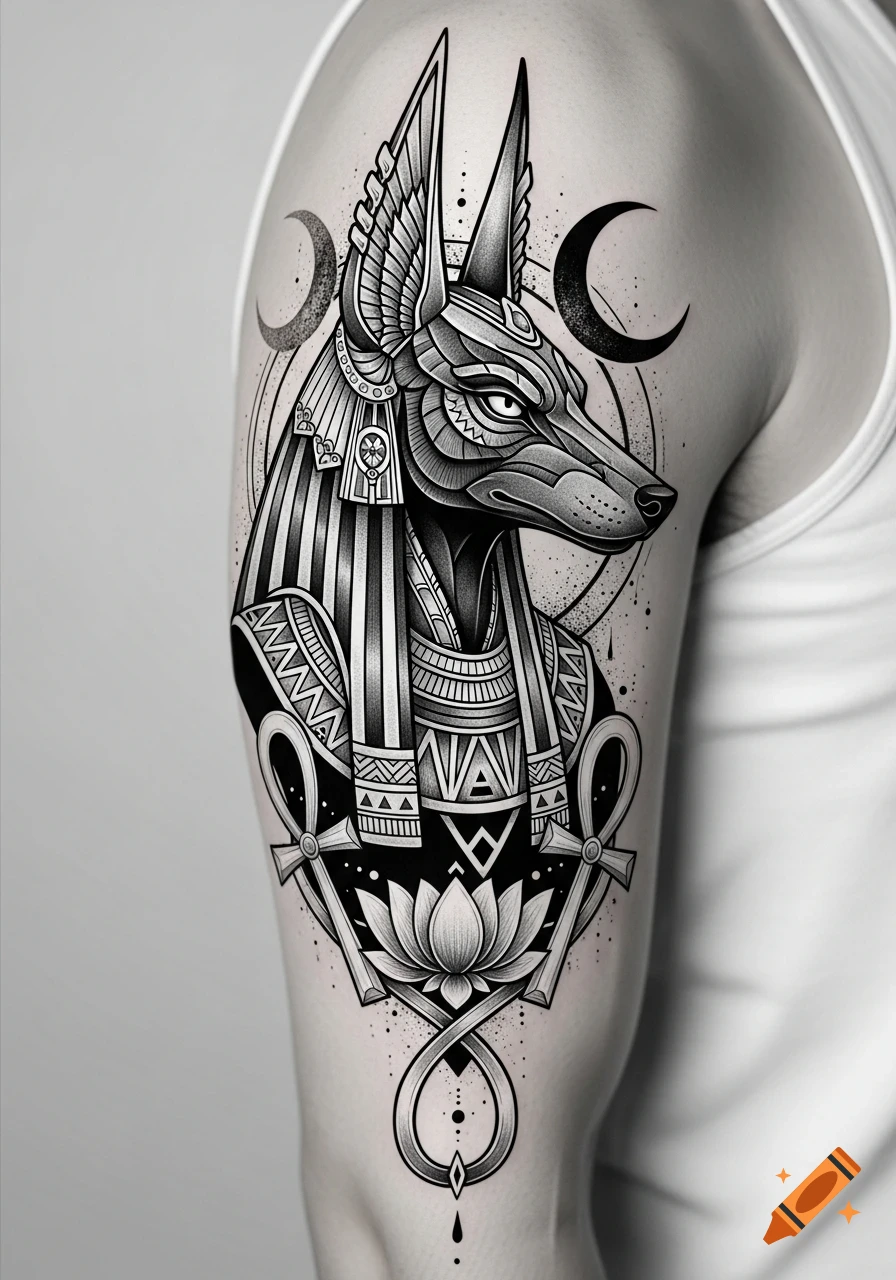 Black and white tattoo of Anubis, the Egyptian god with a jackal head, on an arm, featuring moons, ankhs, and a lotus flower in a detailed, stylized design.