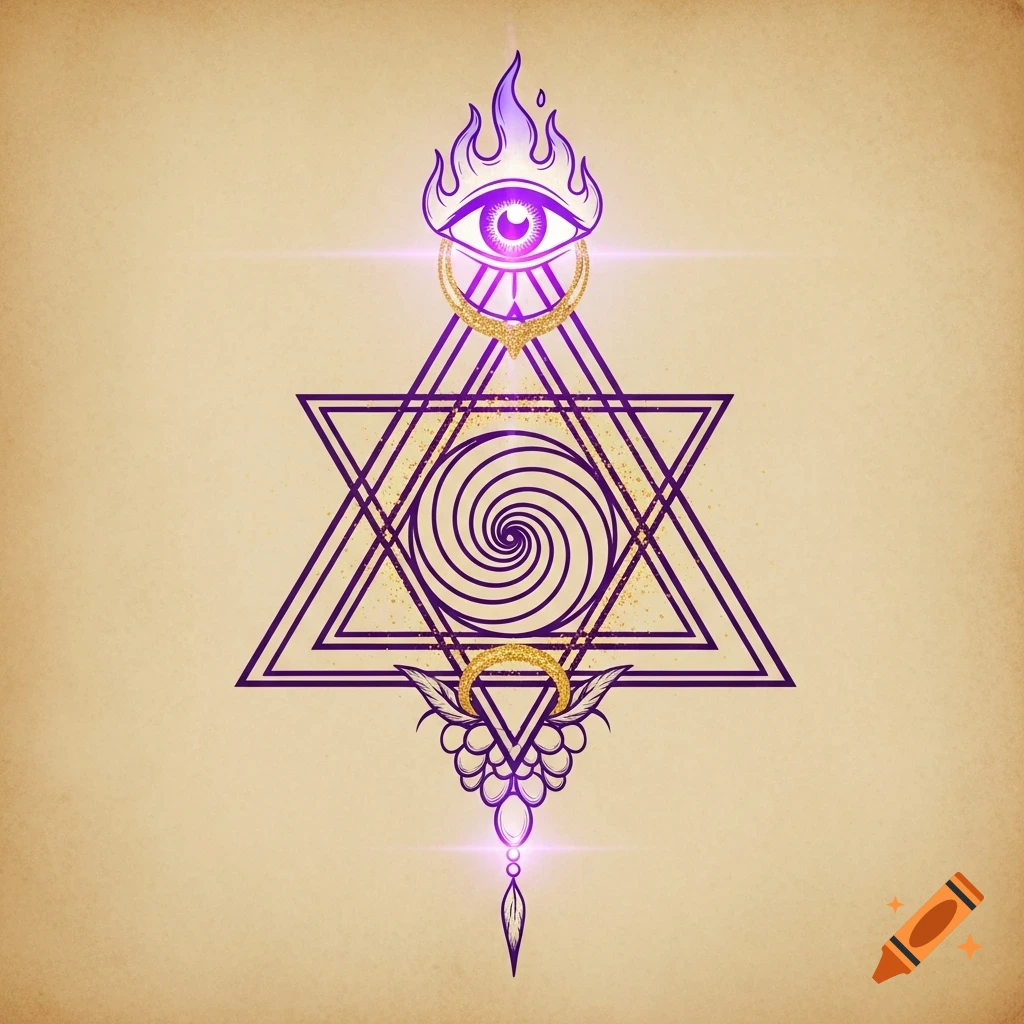A mystical sacred geometry sigil with a six-pointed star, spiral, eye with a flame, glowing violet and gold on parchment.
