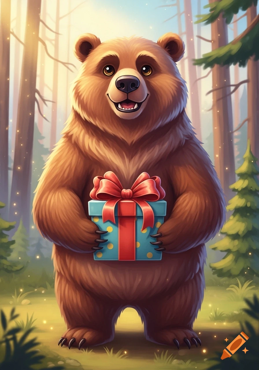 A smiling cartoon grizzly bear holding a blue gift box with a red bow in a sunny forest.