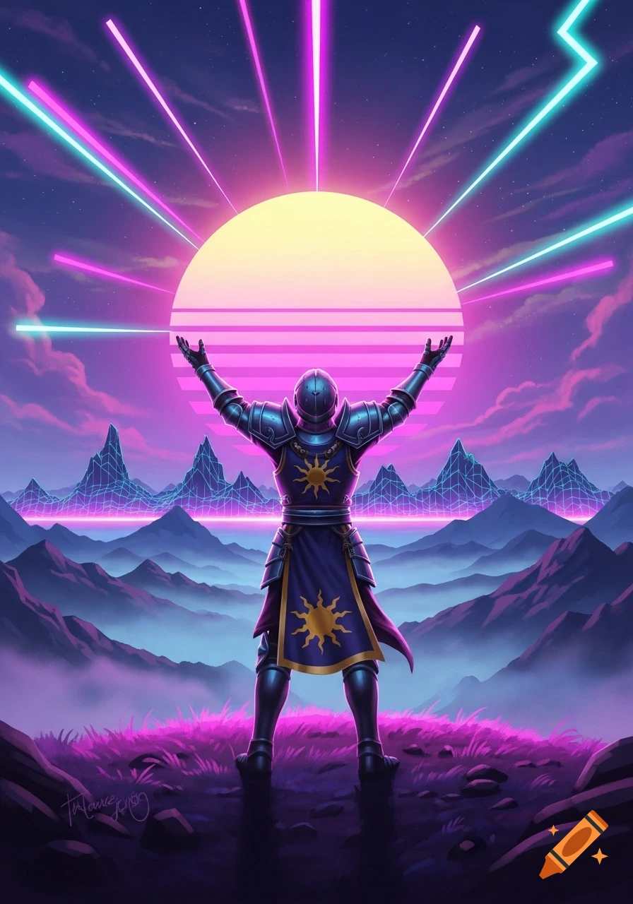 A knight in blue armor with a sun emblem stands on a hill, arms raised towards a large synthwave sun with neon rays over a purple mountainous landscape.