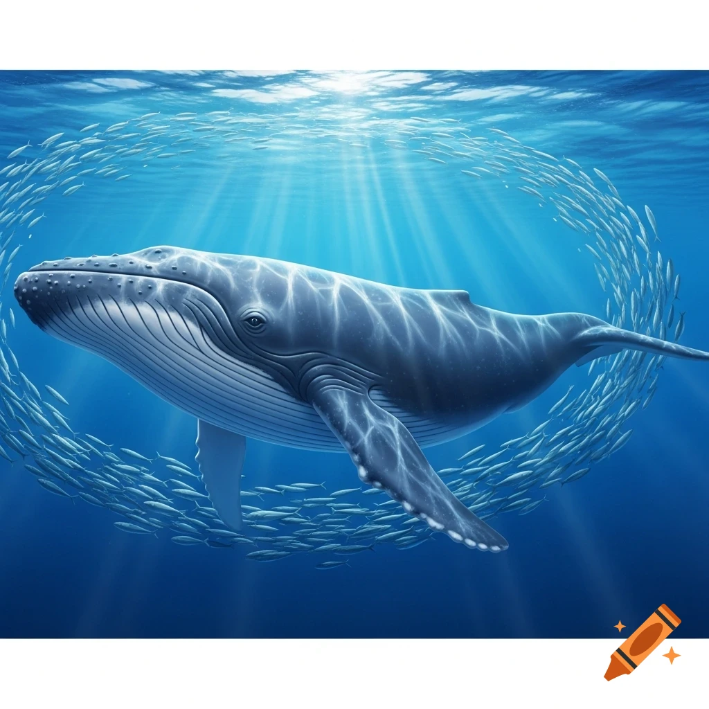 A realistic blue whale swims through clear blue ocean water, surrounded by a swirling school of small fish as sunlight beams down.