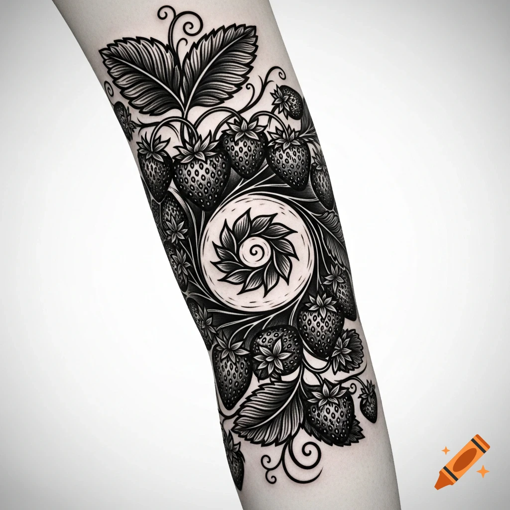 Black and white woodcut style tattoo of strawberries, leaves, and vines spiraling on an arm.