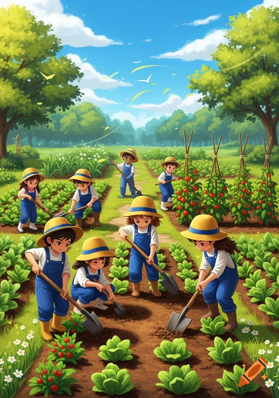 A group of cheerful cartoon children in straw hats and blue overalls working in a vibrant garden, digging and tending to plants.