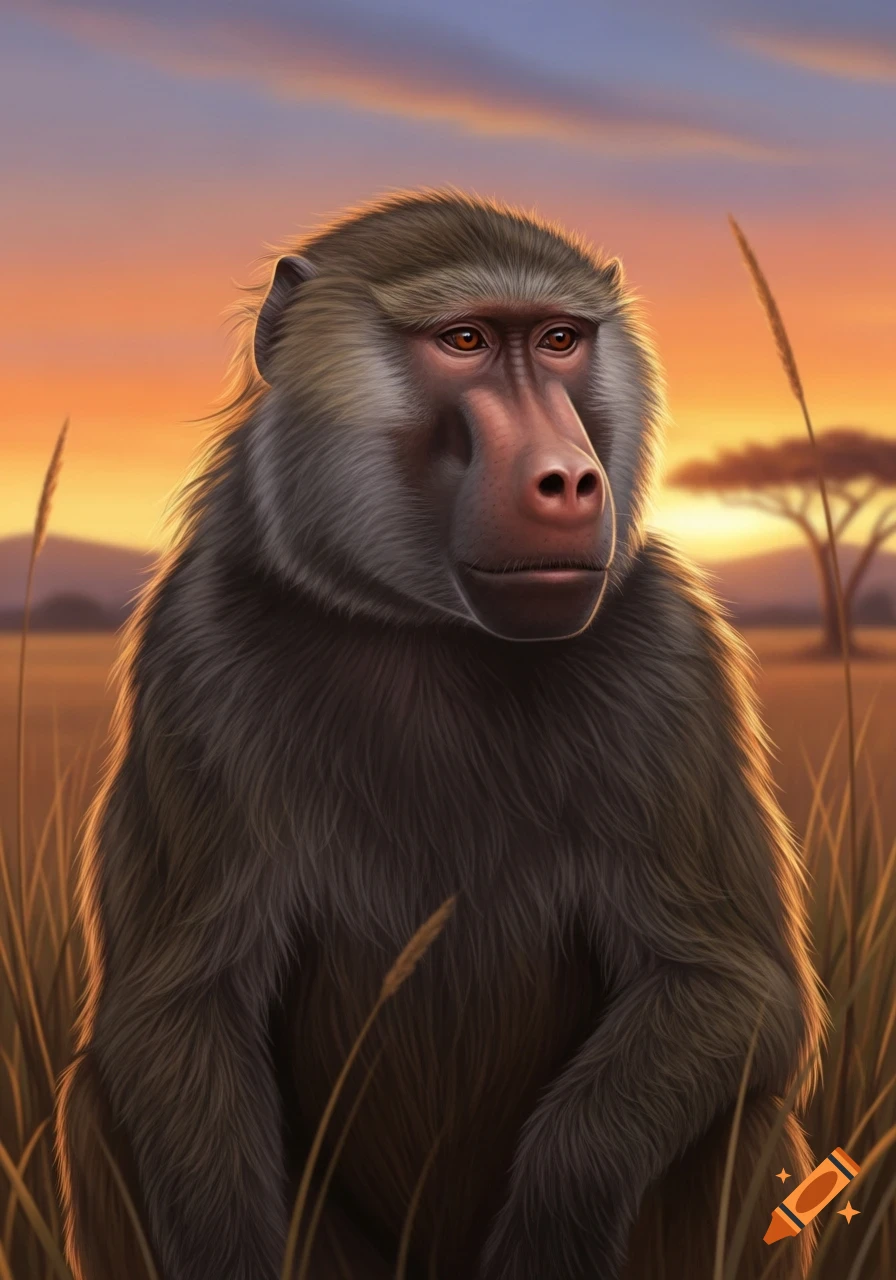 Detailed portrait of a baboon with a human-like snub nose, sitting in a savanna at sunset.