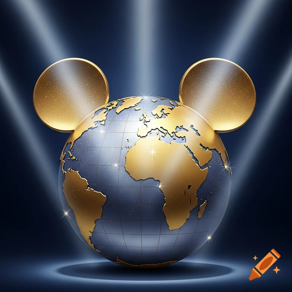 A stylized golden globe with gold Mickey Mouse ears under dramatic spotlights against a dark blue background.