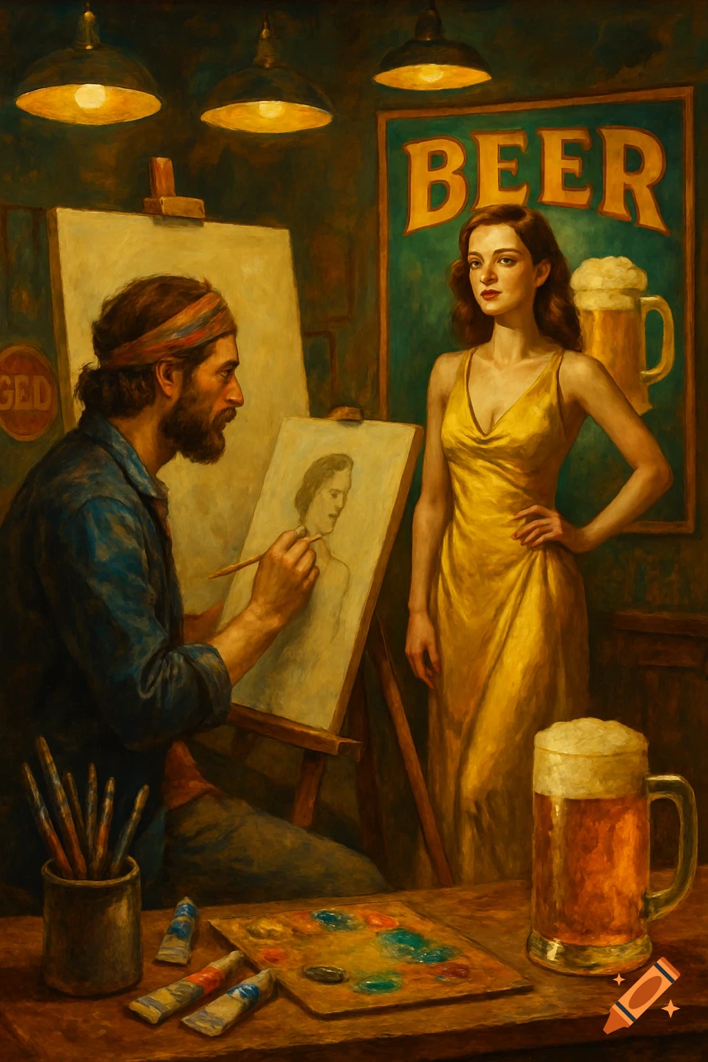 An artist paints a woman in a bar with a "BEER" sign and a mug of beer, in a painterly style.