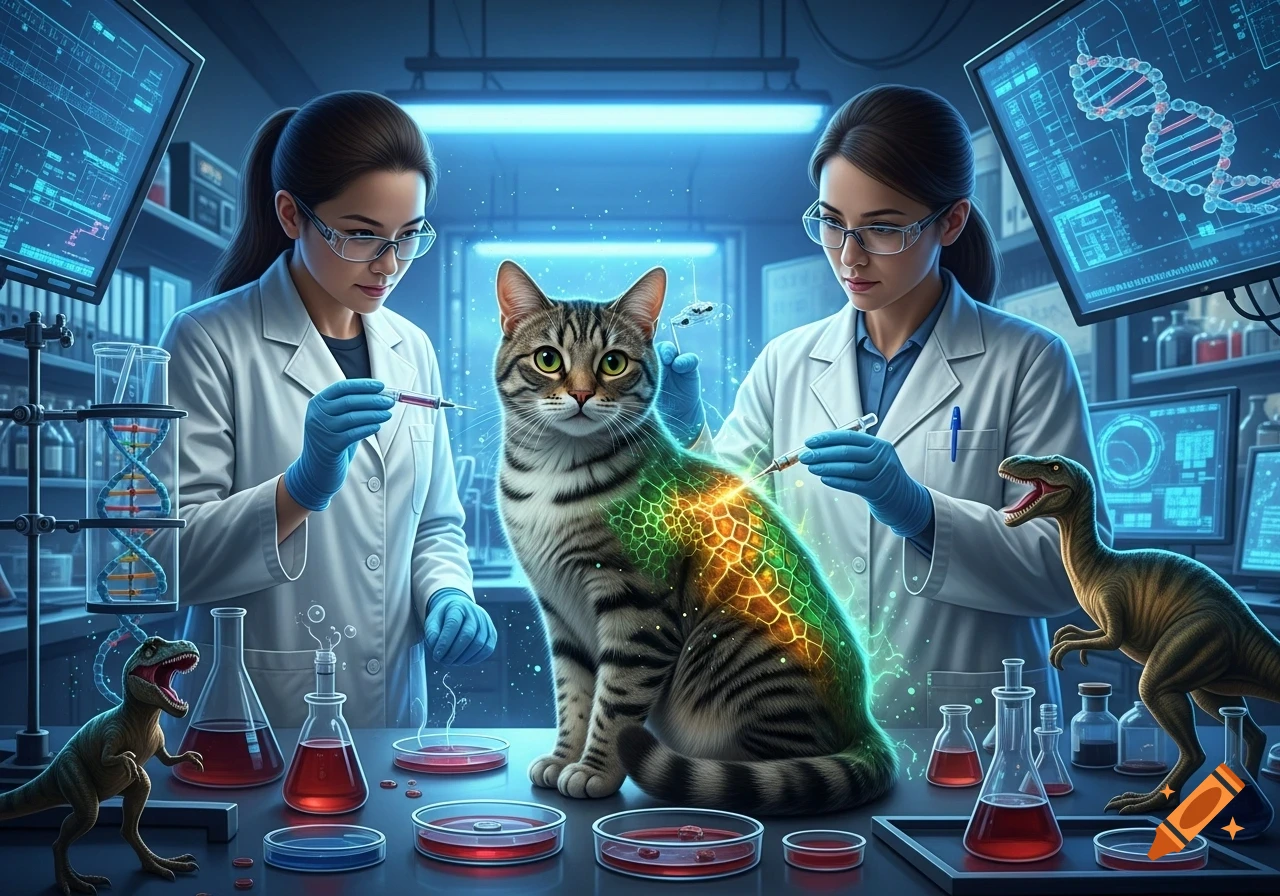 Two scientists in a futuristic laboratory inject glowing DNA into a tabby cat, surrounded by flasks, screens with genetic data, and dinosaur figurines. Photorealistic style.