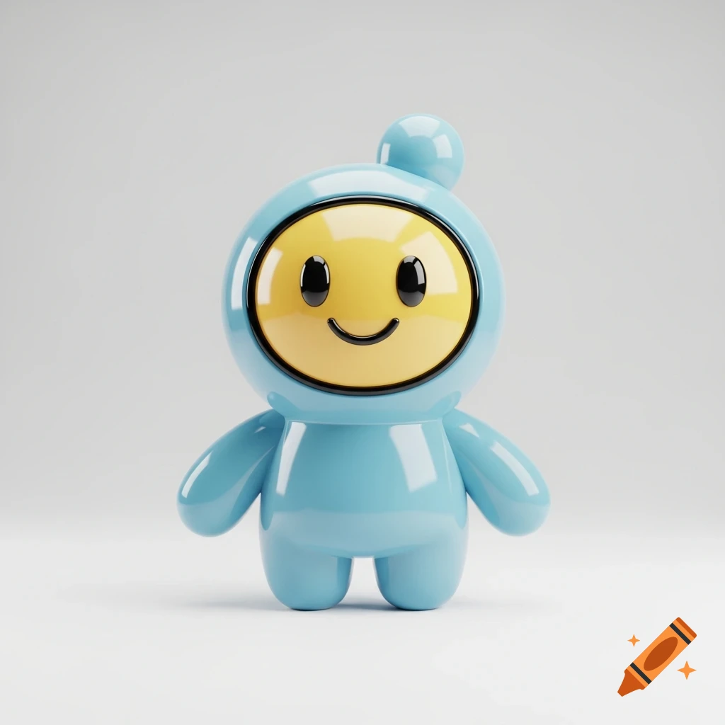 A cute, glossy light blue 3D character with a yellow emoji face and a tiny top knot stands against a white background.