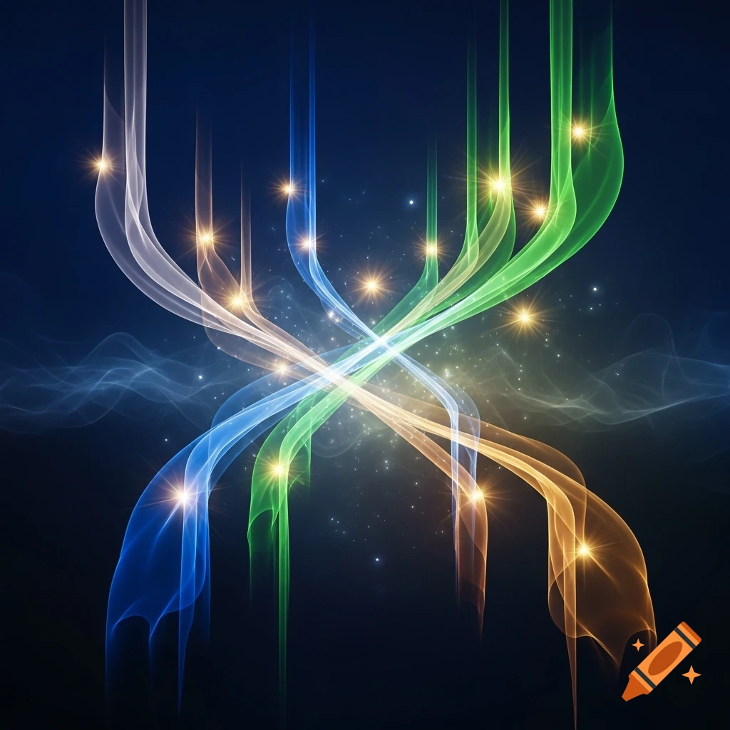 Abstract digital art featuring flowing, intertwined ribbons of blue, green, and orange light with glowing starbursts on a dark background.
