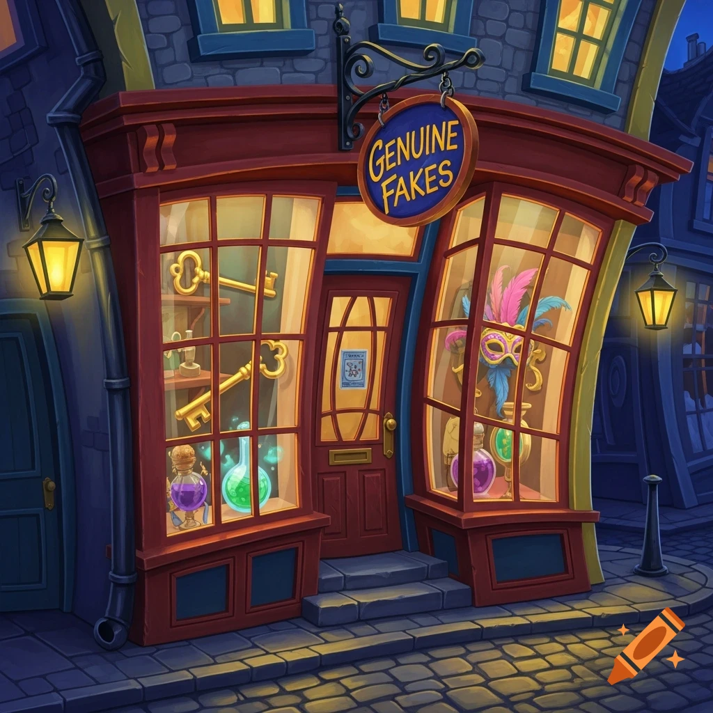 Whimsical illustration of 'Genuine Fakes' shop at night, with glowing potions, golden keys, and a feathered mask in the windows.