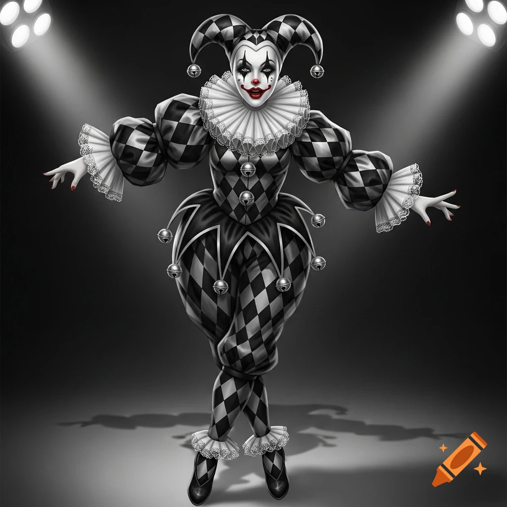 Full body character art of a creepy porcelain jester doll with black and white harlequin outfit, makeup, and jingle bells under spotlights.