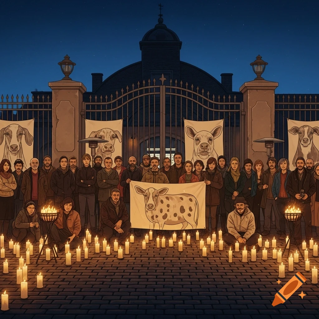A large group of animal rights activists holding a candlelit vigil at night, with banners featuring cow drawings, in front of a dark building and gate.