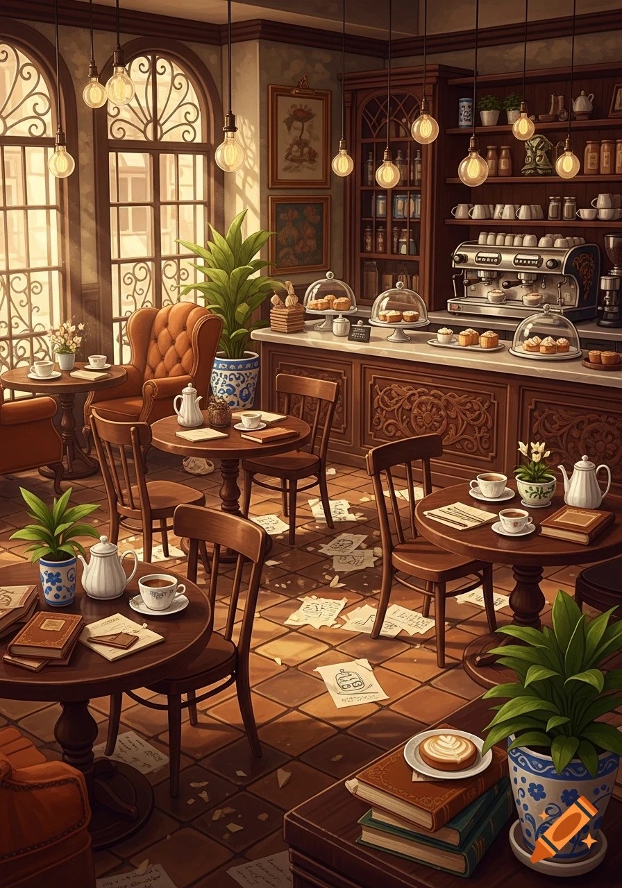 A warm, inviting coffee shop interior with wooden tables and chairs, a counter with an espresso machine and pastries, and sunlight streaming through large windows.