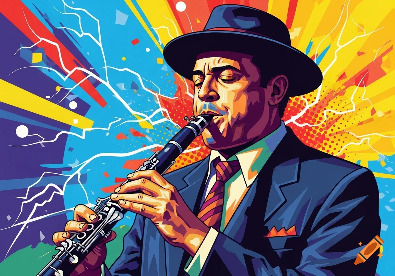 A man in a fedora plays a clarinet with closed eyes, depicted in a vibrant pop art style with abstract colorful background.
