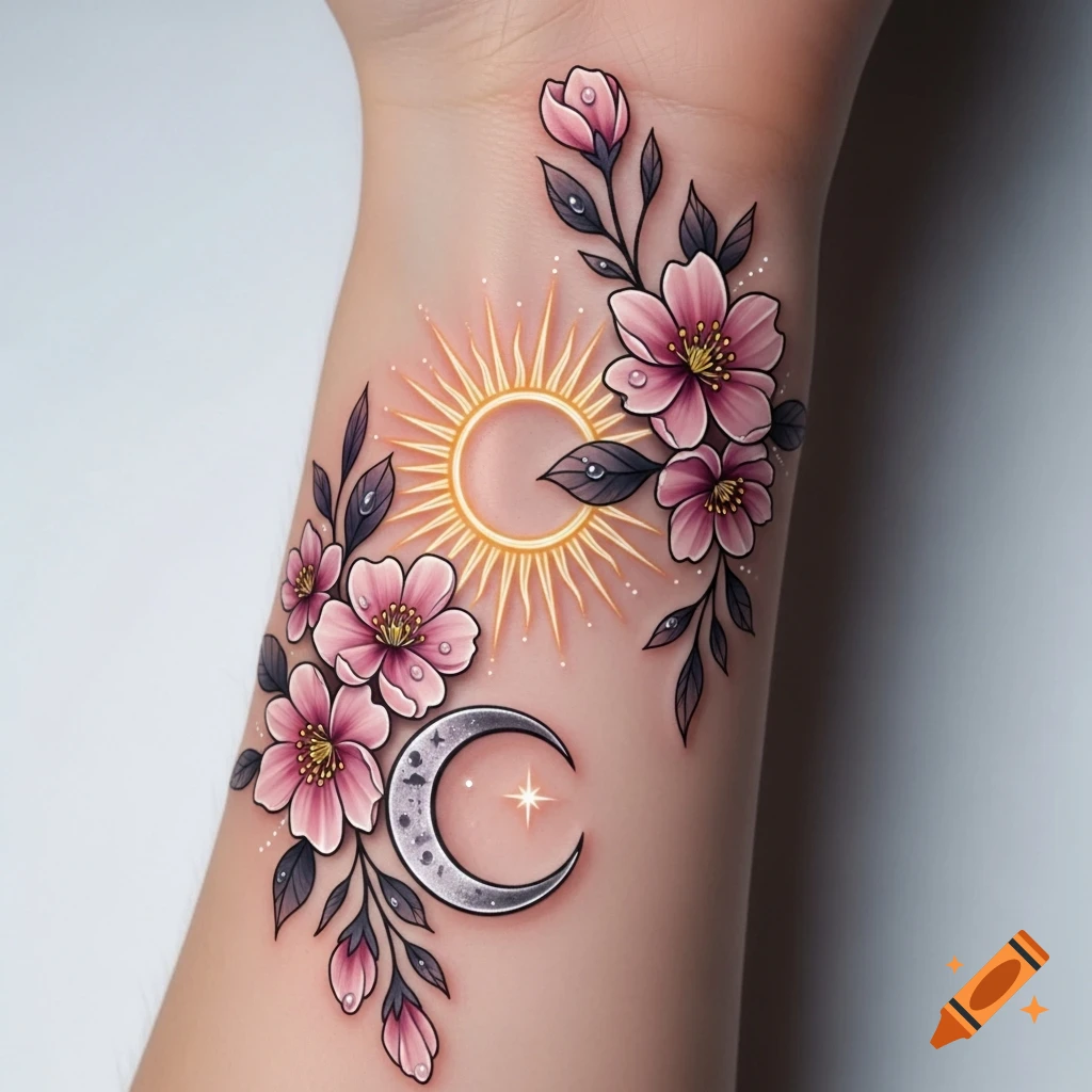 Stylized tattoo on a wrist featuring pink cherry blossom flowers, green leaves, a glowing golden sun, and a silver crescent moon.