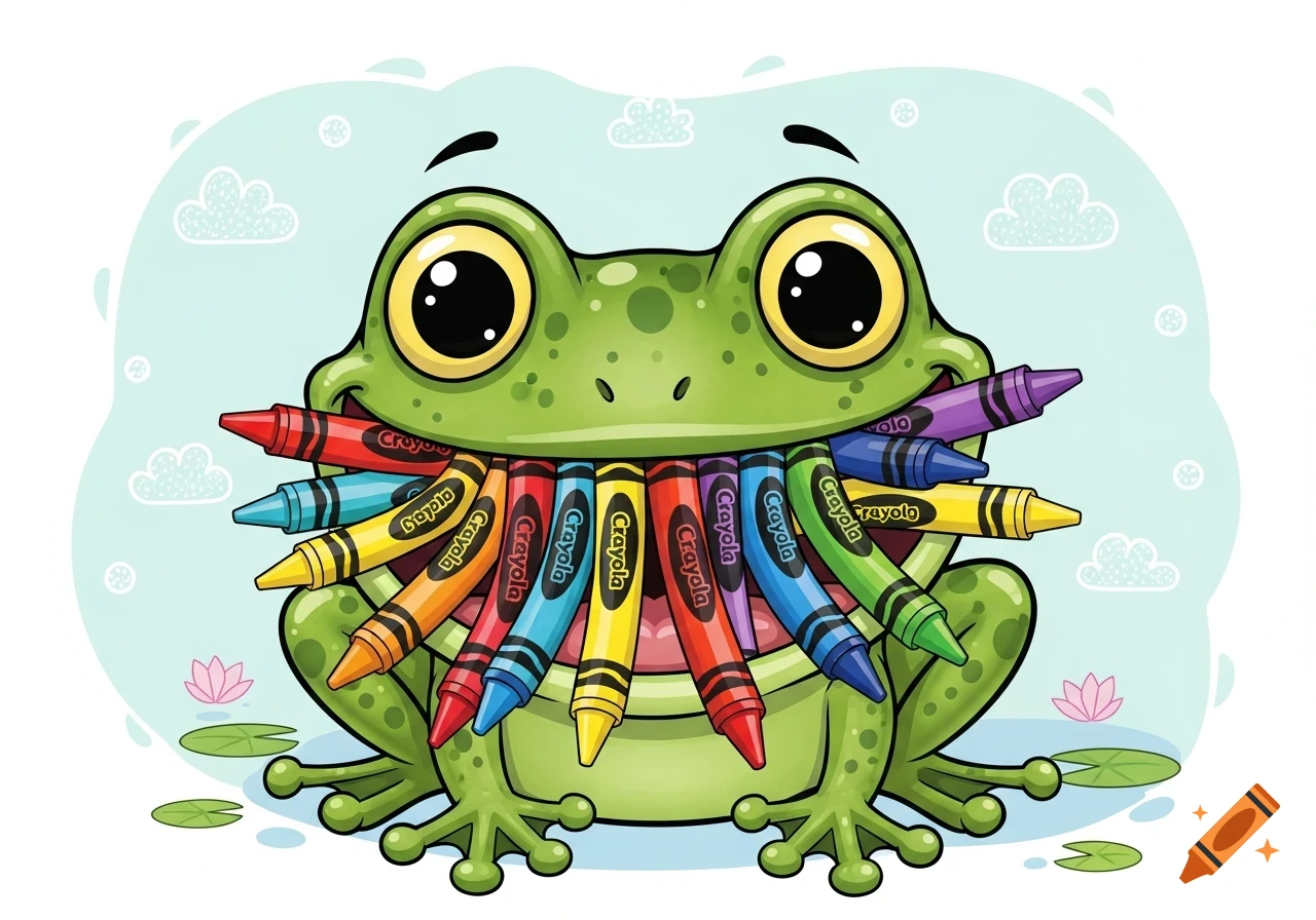 A cute cartoon frog with big eyes smiles, its mouth stuffed with colorful crayons. Light blue background with clouds and lily pads.