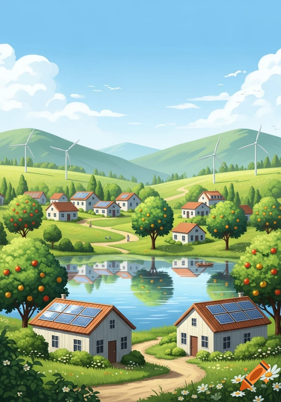 A vibrant illustration of a sustainable village with houses featuring solar panels, fruit trees, a reflective lake, and wind turbines on rolling hills.