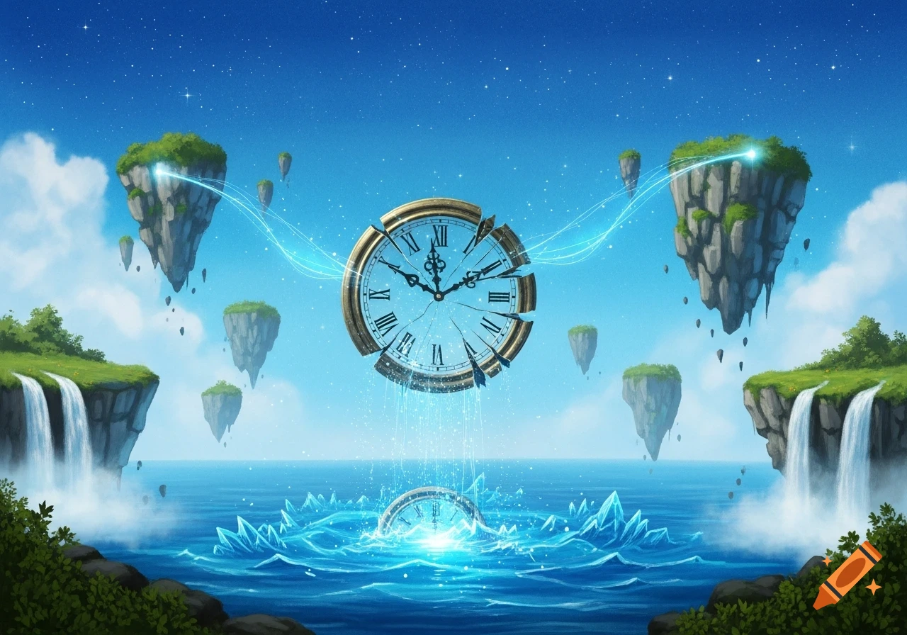 A broken gold clock floats above an azure sea with floating islands and waterfalls, glowing with mystical energy.