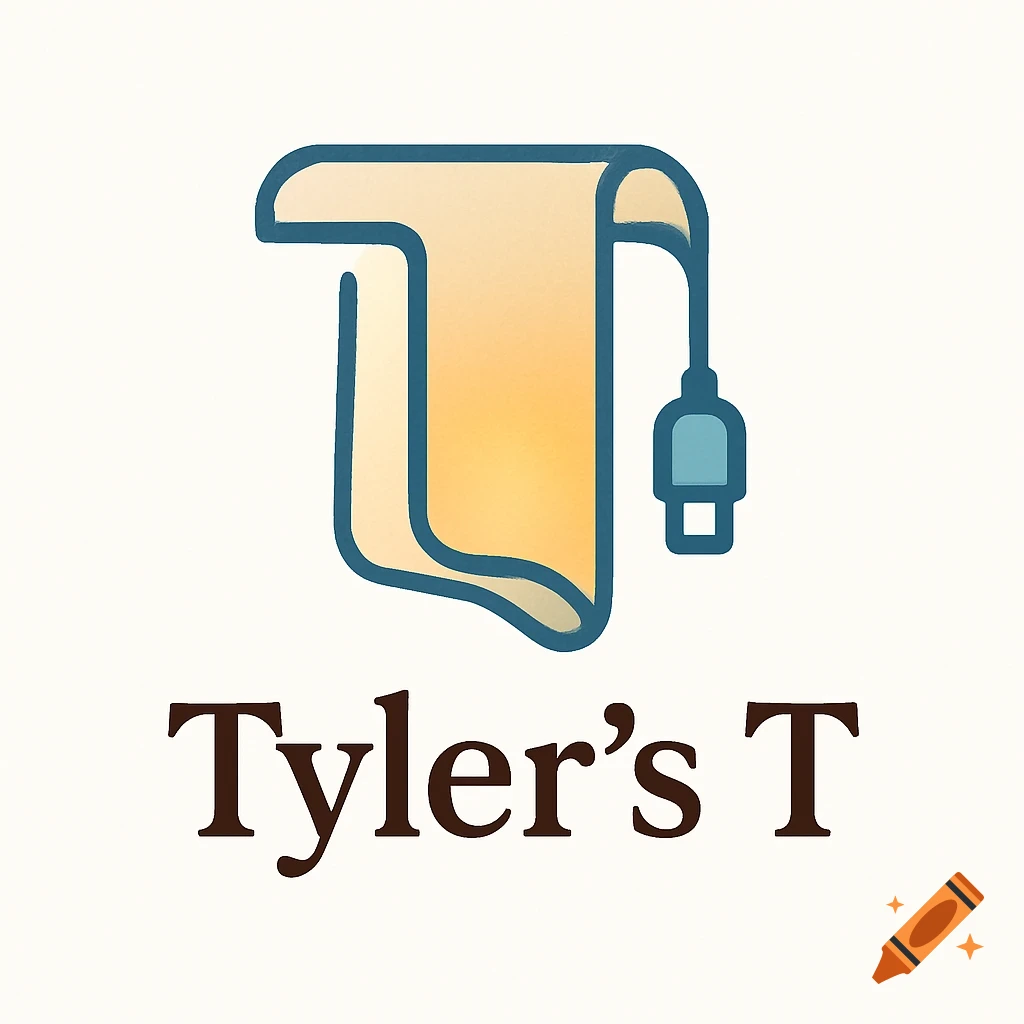 A minimalist logo for "Tyler's T" featuring a blue-outlined cream scroll-like shape with a blue USB plug connected, on a cream background.