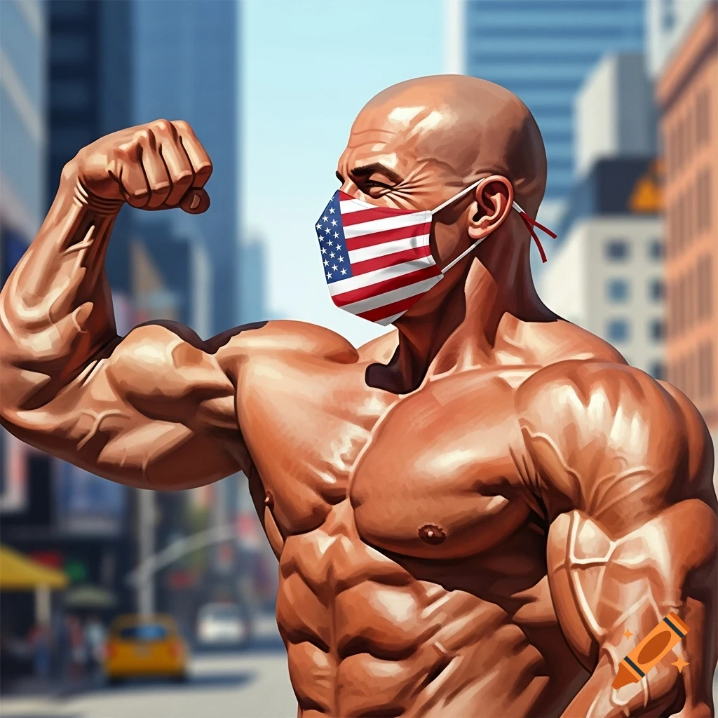 A bald, muscular man in a city setting, flexing his bicep while wearing an American flag face mask. Illustrative style.