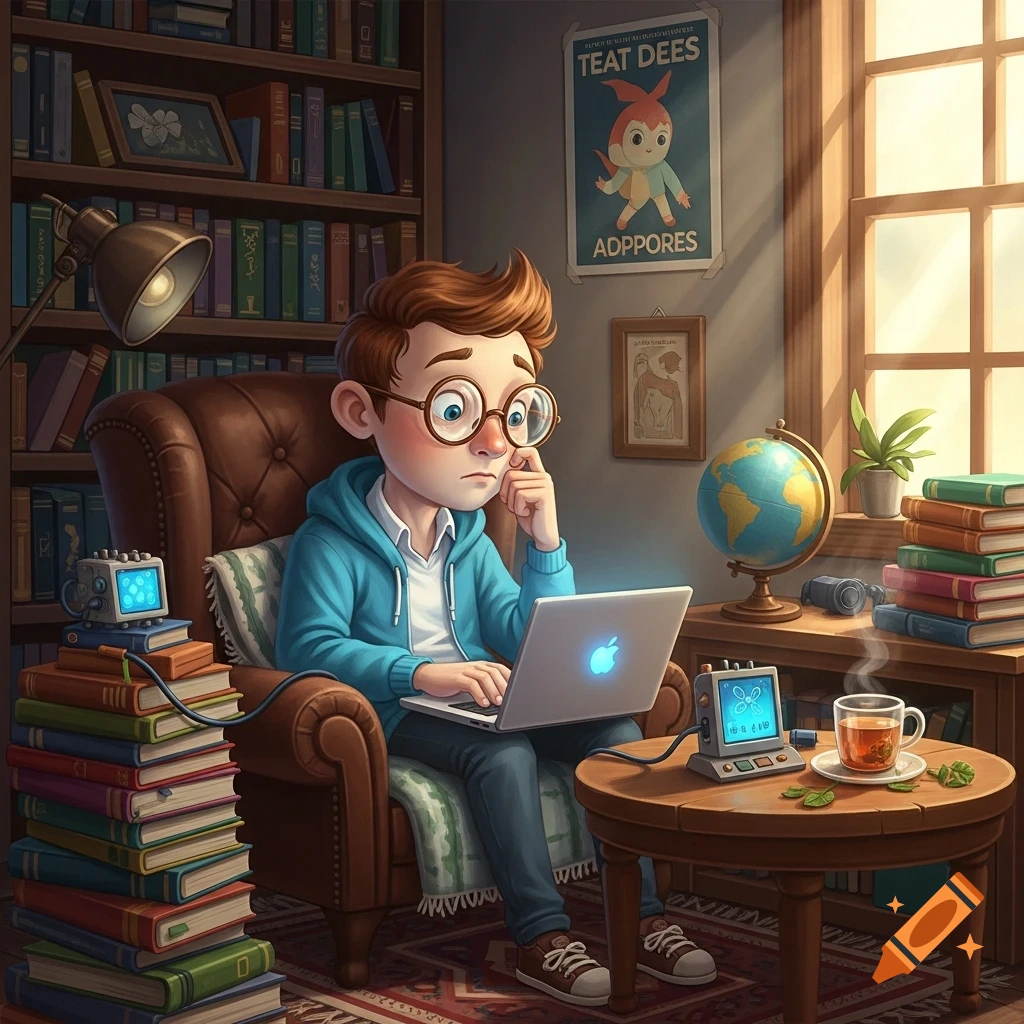 A cartoon illustration of a nerdy young man with glasses working on a laptop in a cozy study filled with bookshelves.