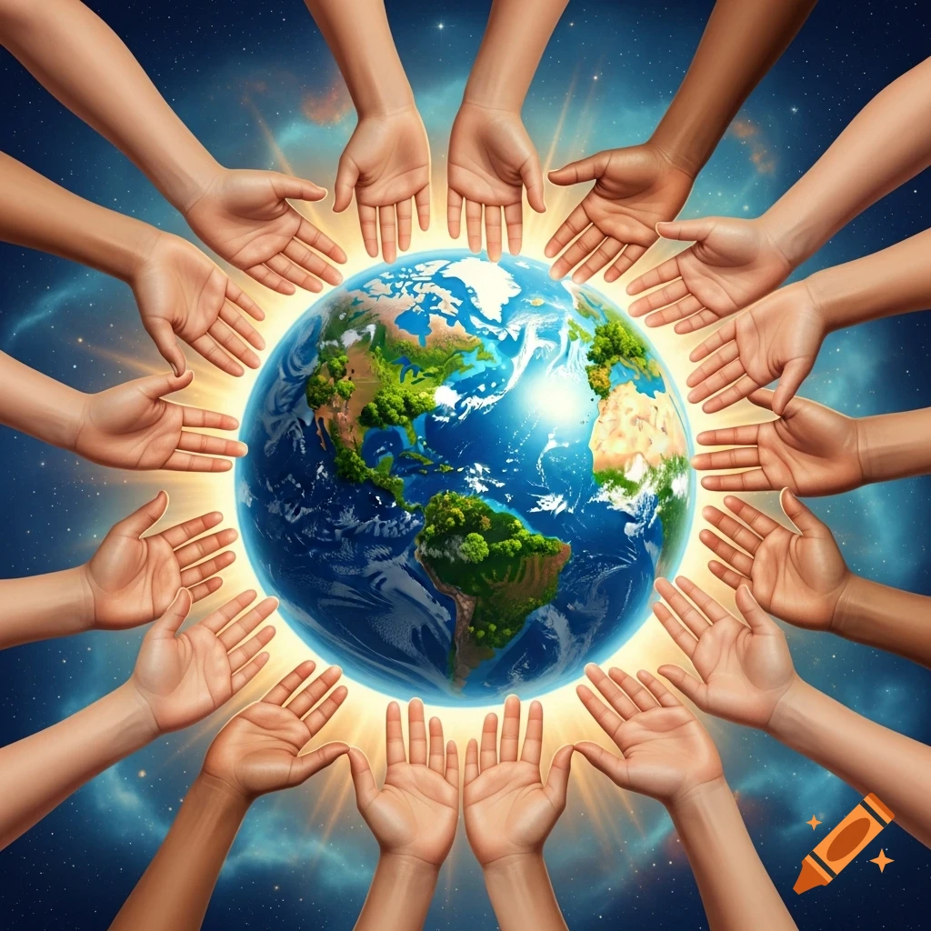 Multiple hands of varying skin tones cradle a glowing Earth against a starry background.