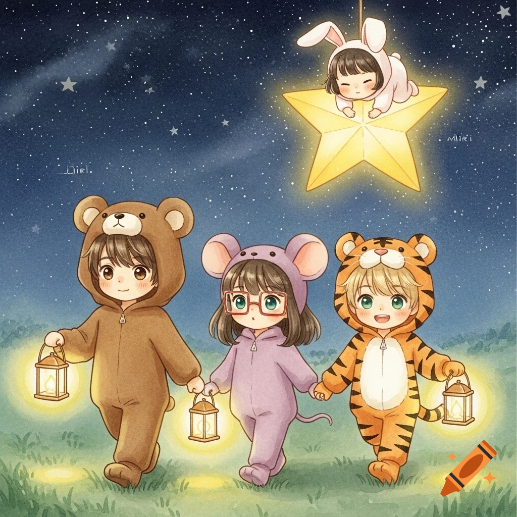 Watercolor illustration of three children in bear, mouse, and tiger costumes walking with lanterns under a starry night sky, with a baby in a bunny costume on a golden star above.
