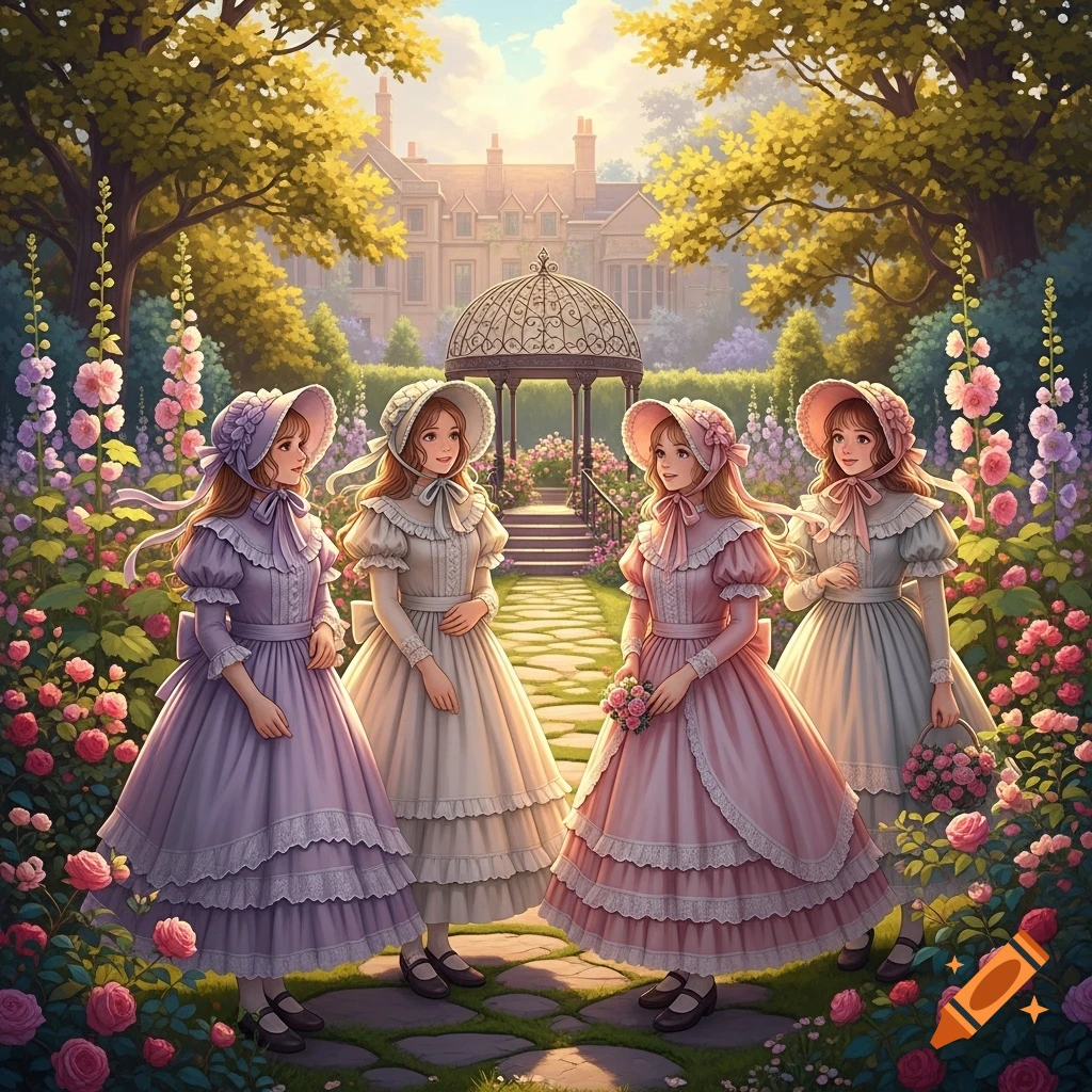 Four Victorian girls in colorful dresses stand in a vibrant flower garden with a mansion background.
