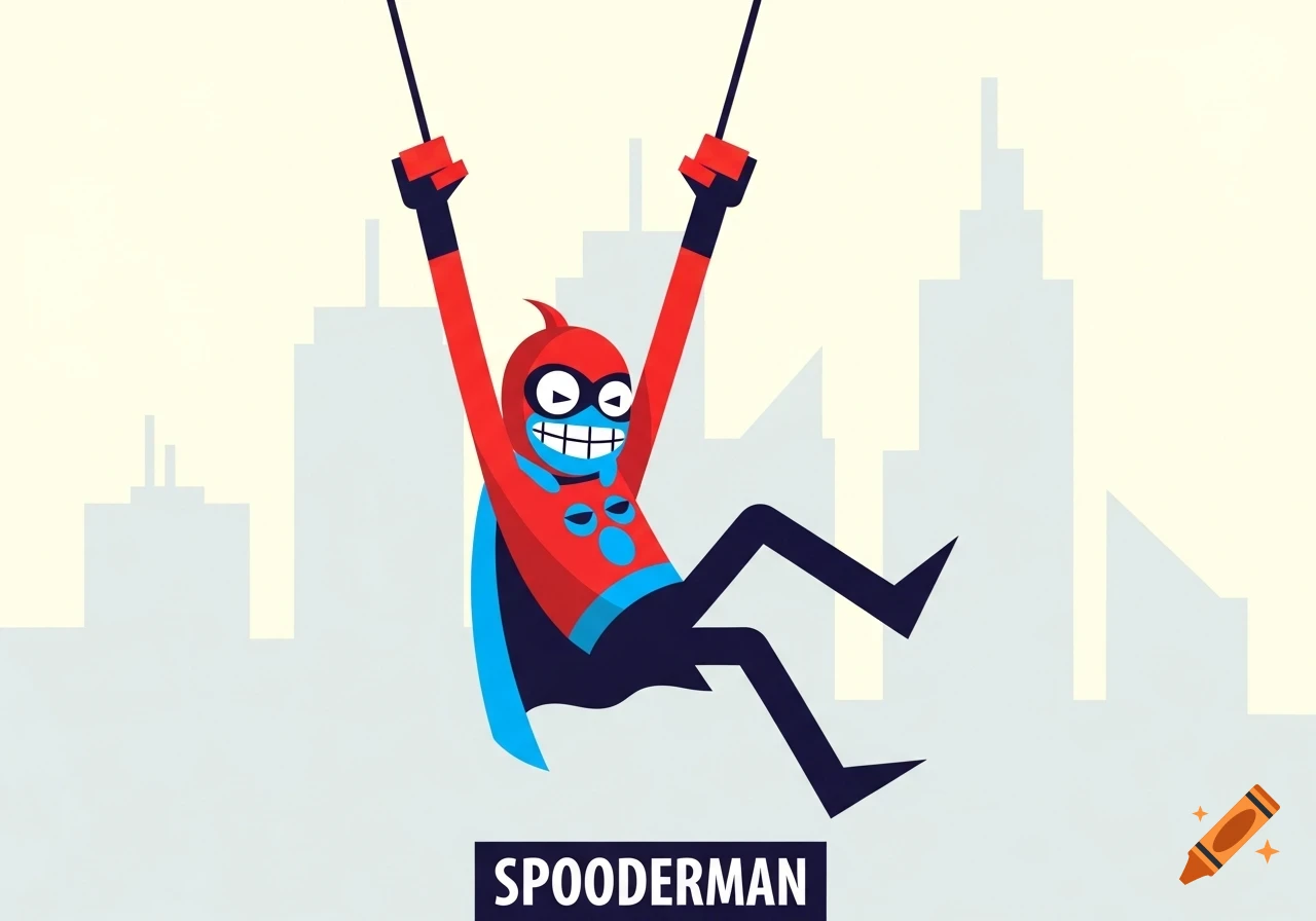A cartoon superhero character in red and blue, resembling a goofy Spider-Man, swings over a city with "SPOODERMAN" text.