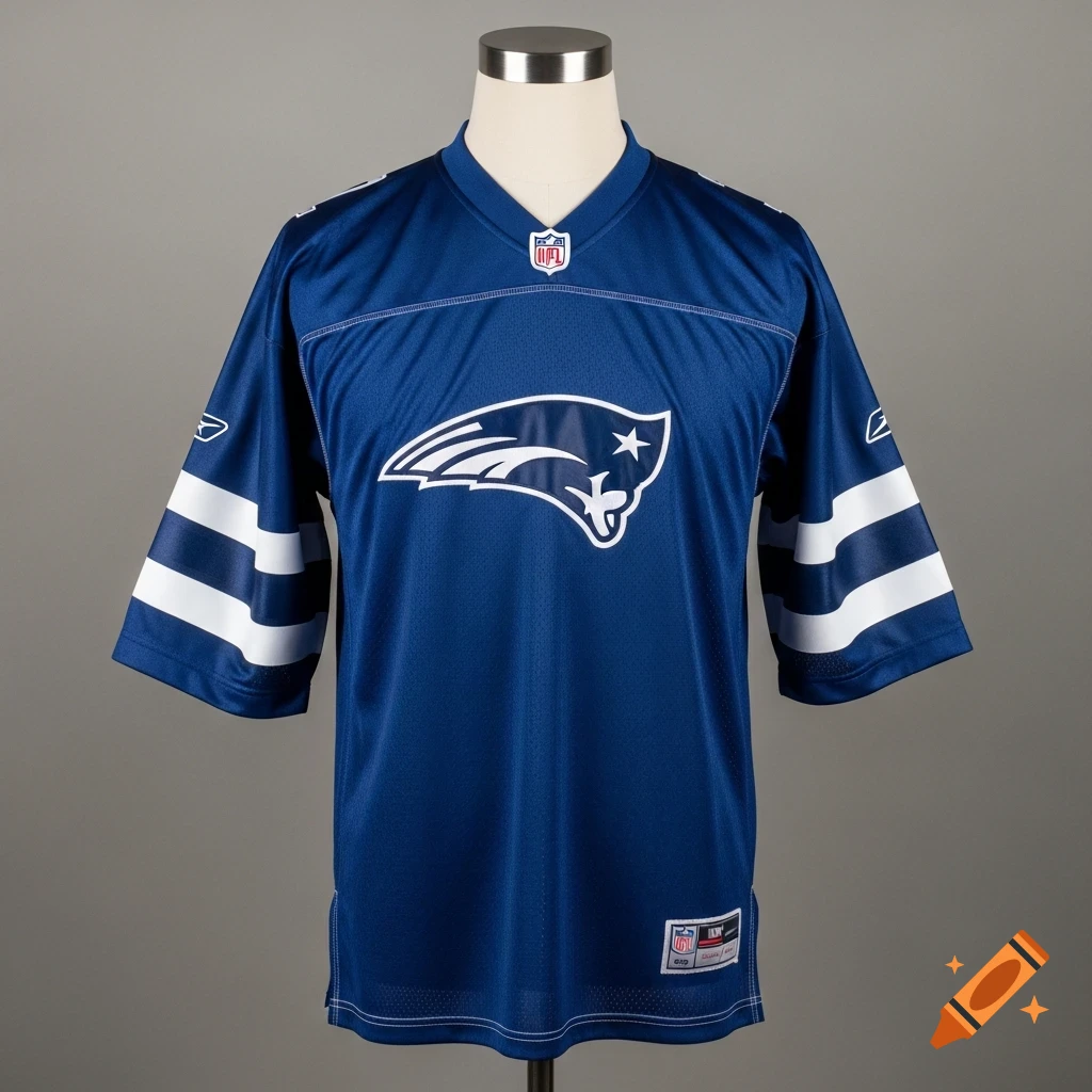 A blue football jersey with the New England Patriots logo on a mannequin, set against a gray background.
