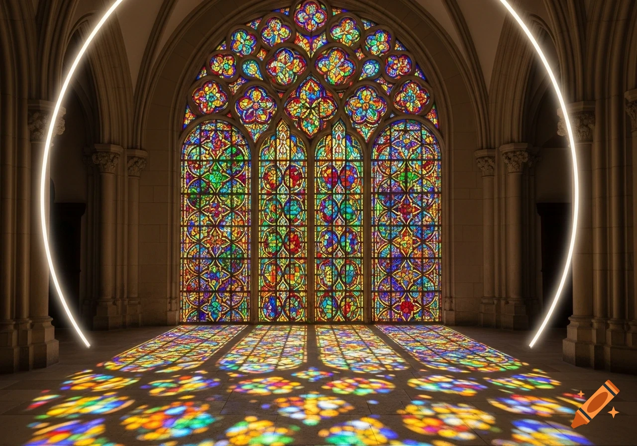 A large, ornate stained-glass window in a church casts colorful light patterns on the floor, with a glowing white arc.