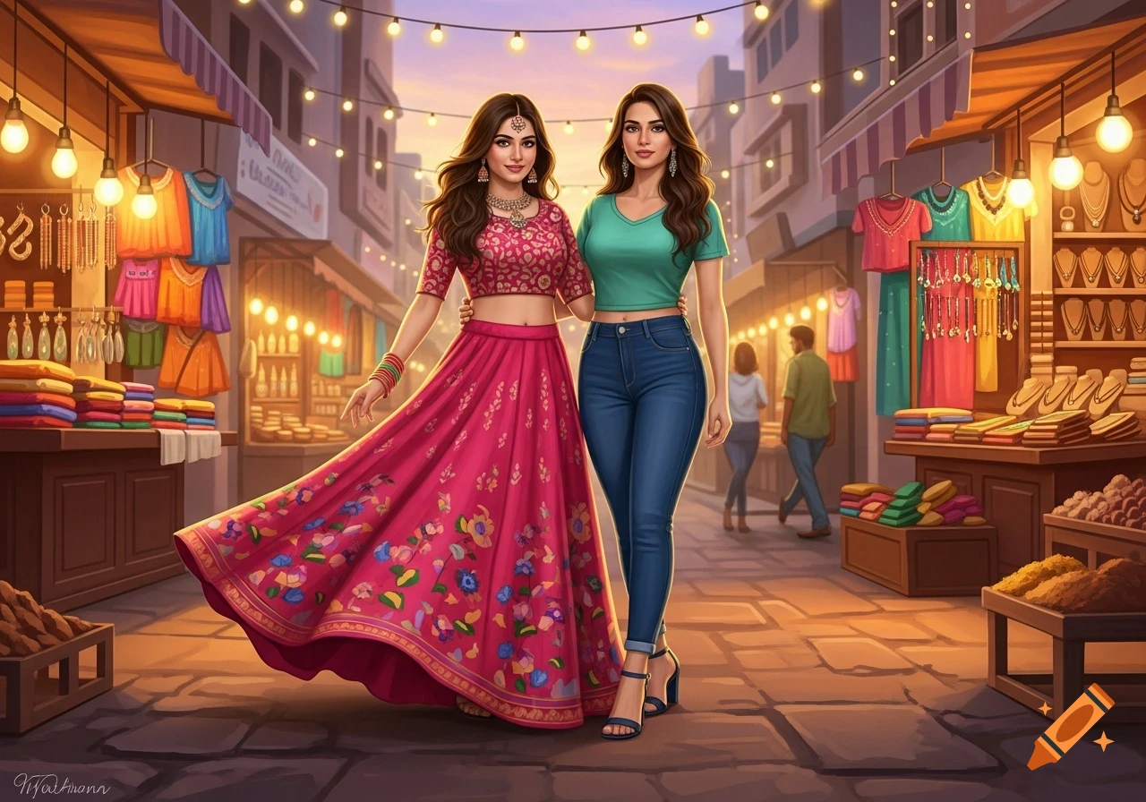 Two Indian women, one in a pink traditional skirt and the other in blue jeans, walk arm-in-arm through a bustling marketplace at dusk.
