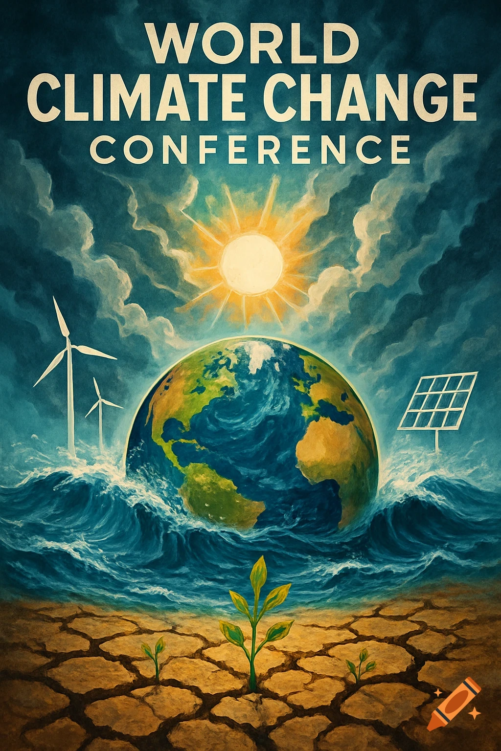A stylized poster for a climate change conference, featuring Earth, sun, wind turbines, solar panels, waves, cracked land, and green shoots with text 'WORLD CLIMATE CHANGE CONFERENCE'.