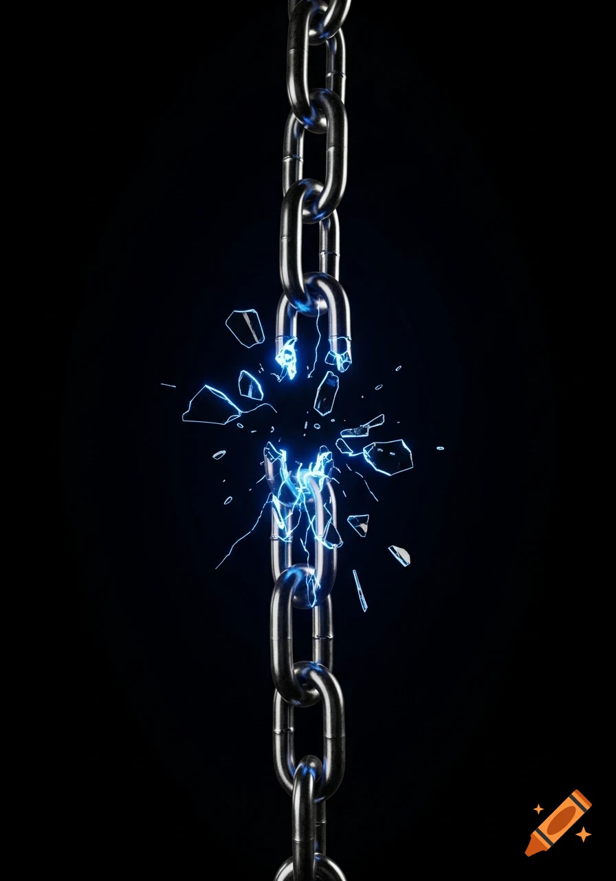 A silver metal chain breaks apart with a bright blue electrical burst in the middle, against a dark background.