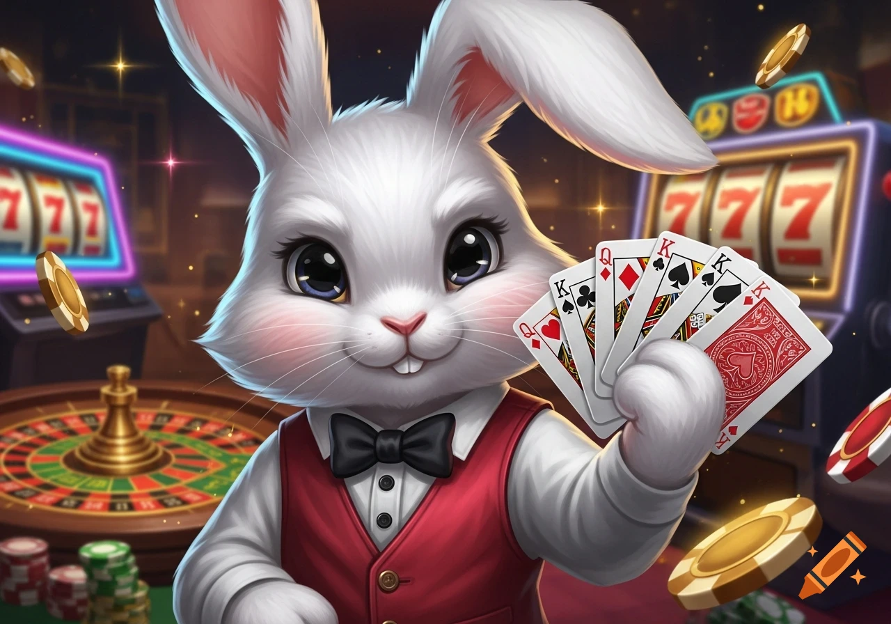 Cute cartoon bunny in a red vest and bow tie holds a hand of playing cards in a vibrant casino with slot machines and roulette.